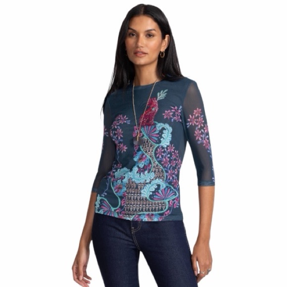 Jade Johnny Was Natalie 3/4 Sleeve Mesh Top with Peacock Floral Blouse Navy Sz L - Picture 6 of 9